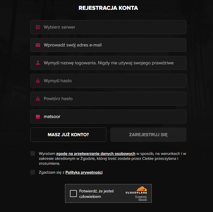 Formularz rejestracji konta